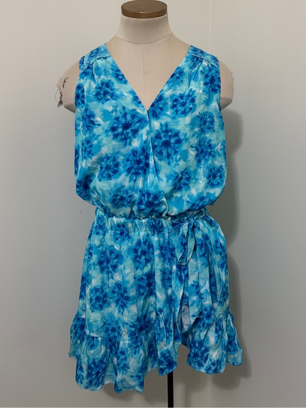 Ramy Brook XS Maeve Mini Faux Wrap Dress ~ Blue Tie-Dye Sleeveless